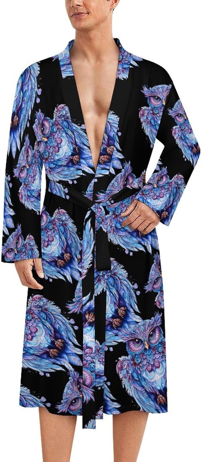 Colorful Owls Men's Robe Soft Bathrobe V Neck Loungewear Sleepwear Nightgown Dressing Gown