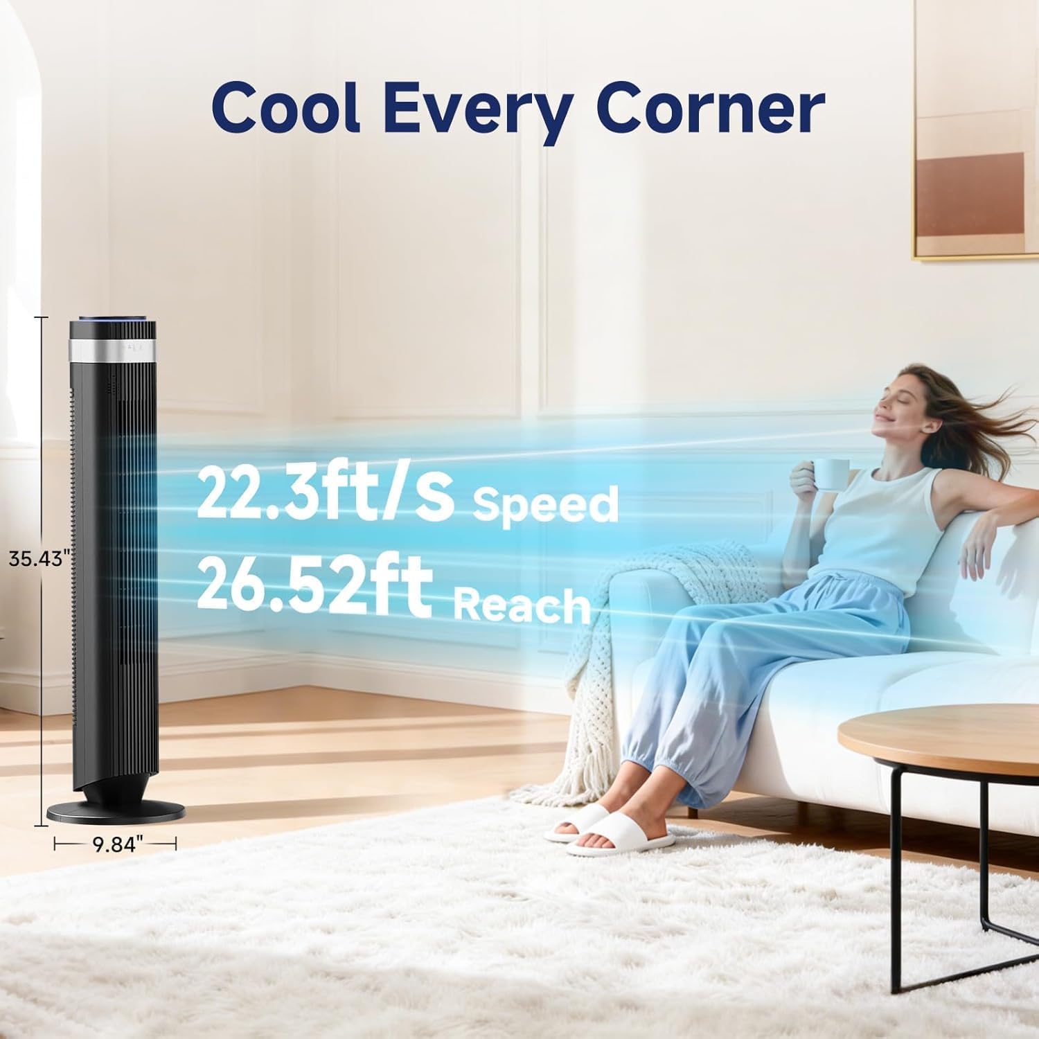36 Inch Tower Fan for Bedroom, 22.3ft/s Velocity Standing Fan with 28dB Quiet for Sleep, Remoter, LED display, 5 Speeds, 4 Modes, 12H Timer, 64°Oscillation for Home, Office, Indoor, Bladeless, Black