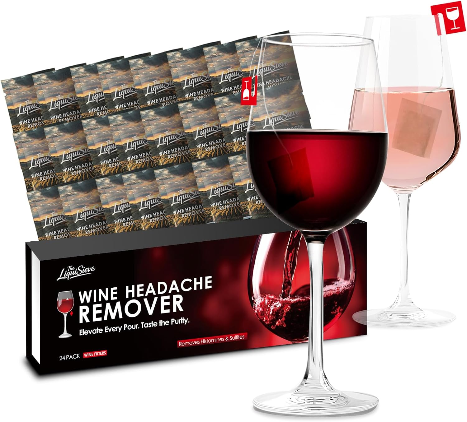 24 Packs (Red & White) Wine Filters, Wine Purifier to Remove Histamine, Sulfite and Tannin, Easy to Carry Wine Accessories Gifts for Wine Lover, Women & Men, for Parties, Home and Travel