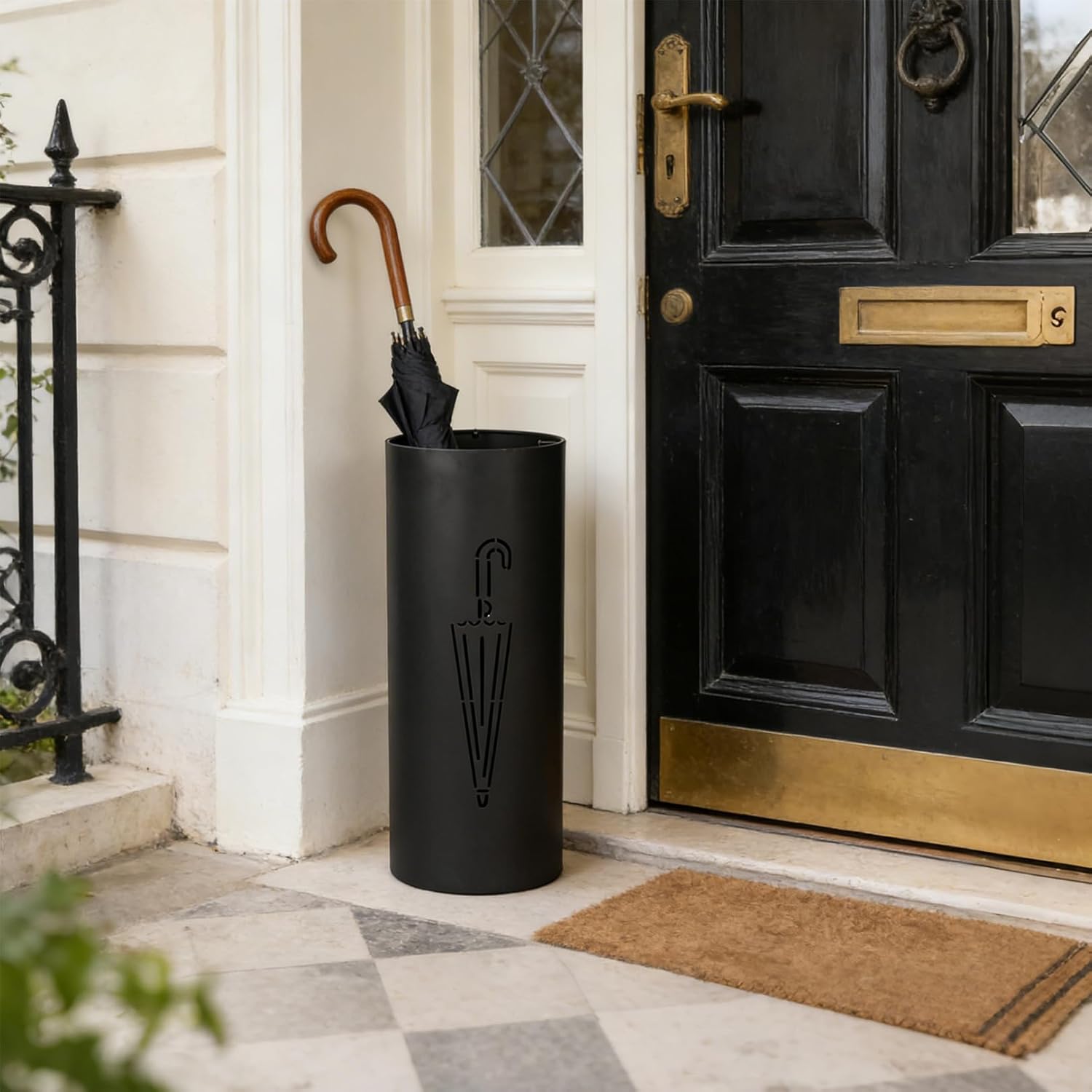 DreamsEden Metal Umbrella Stand Holder - Round Umbrella Rack with 3 Hooks, Standing Bin Organizer for Entryway Home & Office for Umbrellas Canes Walking Sticks (Black)