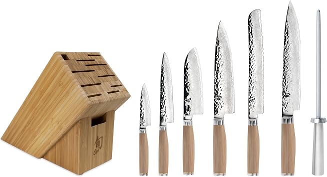 Shun Premier Blonde 8 Piece Professional Block Set | Includes 8" Chef, 4" Paring, 6.5" Utility, 9" Bread, 5.5" Santoku & 9.5" Slicing Knives, Handcrafted, Pakkawood Handle