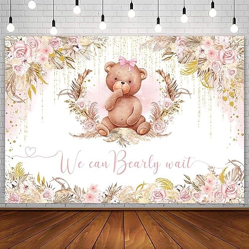 AIBIIN Fondo de fotografía de oso bohemio de 10 x 7 pies para niña We Can Bearly Wait Oh Baby Photography Background Blush Pink Flowers Bohemia