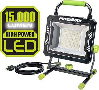 POWERSMITH PWLS150H 15000 Portable LED Work Light with Two Brightness Modes, Metal Housing and Stand, 10 ft. Power Cord, Impact Resistant Lens, and