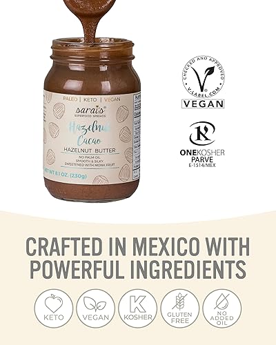Miniatura 7 de Sarais - Mantequilla de nueces de cacao y avellana – Suave como la seda, paleo, vegana, sin gluten, kosher, tarro de 8.11 onzas