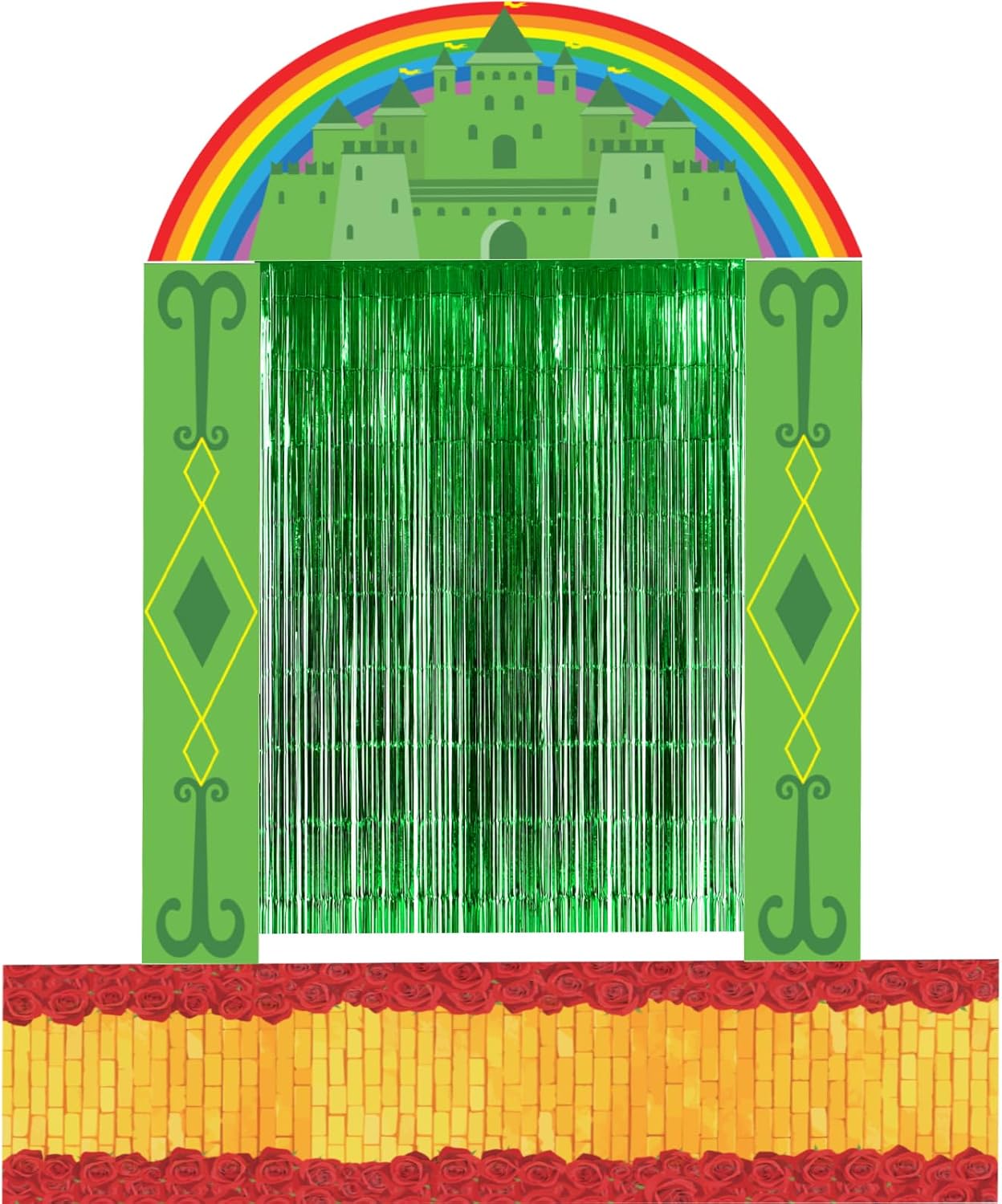 5 Pcs Emerald Castle Party Banner Decorations – Wizard Princess Door Banner Set with Green Foil Fringe Curtains, Yellow Brick Road Red Poppy Floor Runner for Enchanted Fantasy Birthday image 2