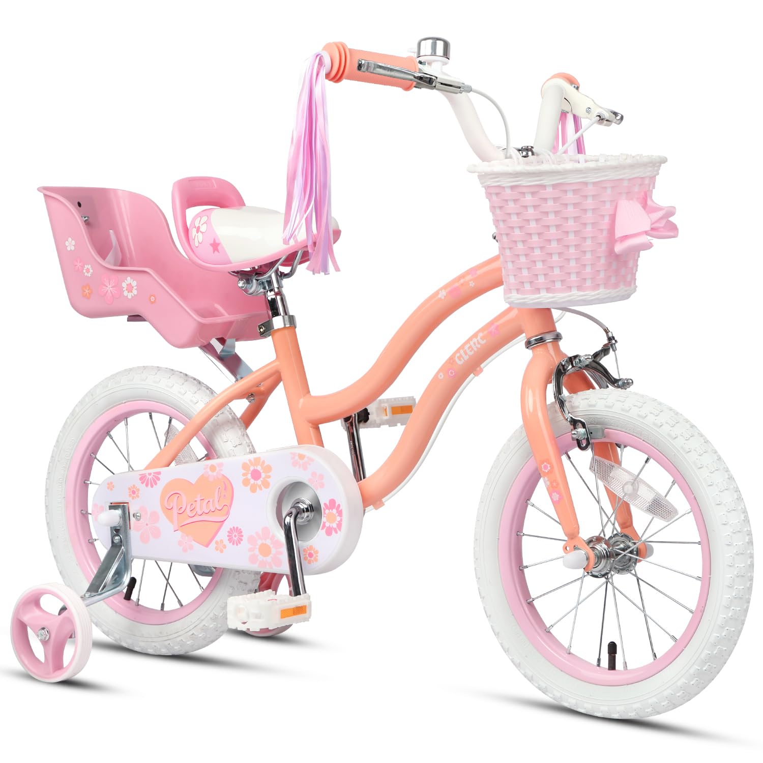 Glerc 14 Inch Kids Bike for 3 4 5 Years Old Girls,Princess Style with Streamers & Basket & Stabilisers, Peach