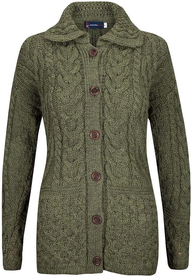 British Wool Ladies Authentic Long Sleeved Arran Cardigan (Apple