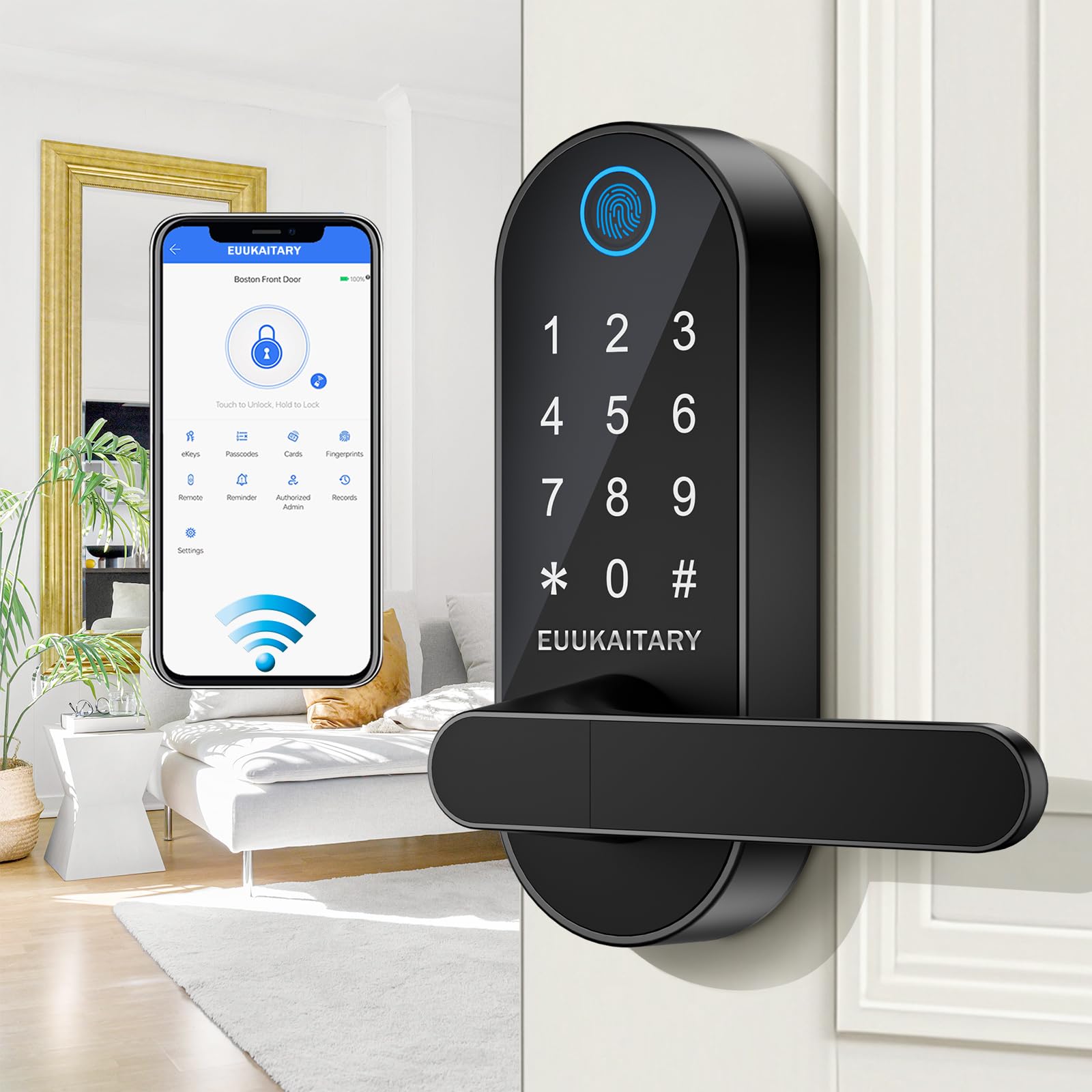 Fingerprint Door Lock, Keyless Entry Door Lock, Smart Lock with Handle for Front Door and Bedroom, WiFi Remote Control, Electronic Digital Keypad with Knob, Auto-Lock