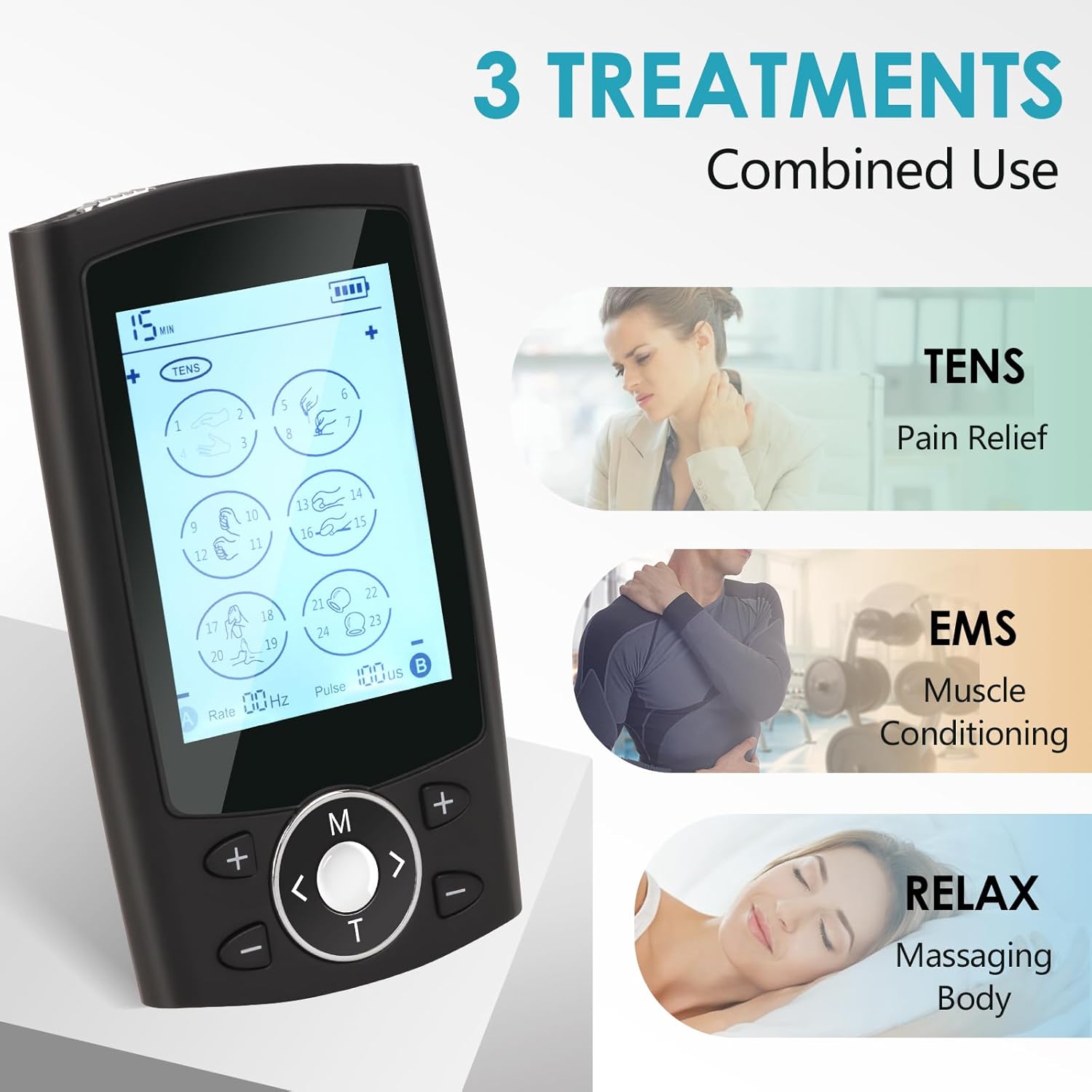 AERLANG TENS EMS Muscle Stimulator displaying its screen, with text indicating '3 TREATMENTS Combined Use': TENS for Pain Relief, EMS for Muscle Conditioning, and RELAX for Massaging Body.