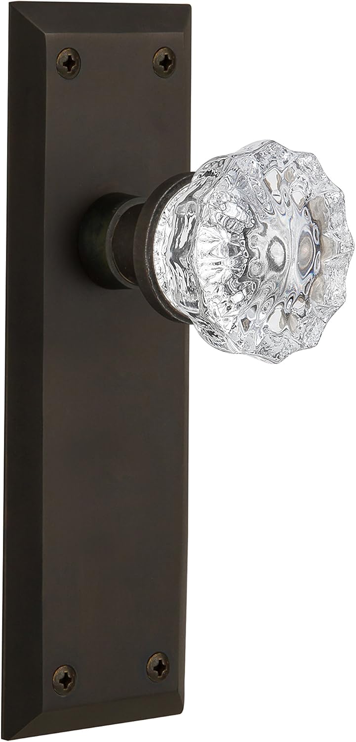Nostalgic Warehouse New York Plate with Crystal Glass Knob, Privacy - 2.375", Oil-Rubbed Bronze