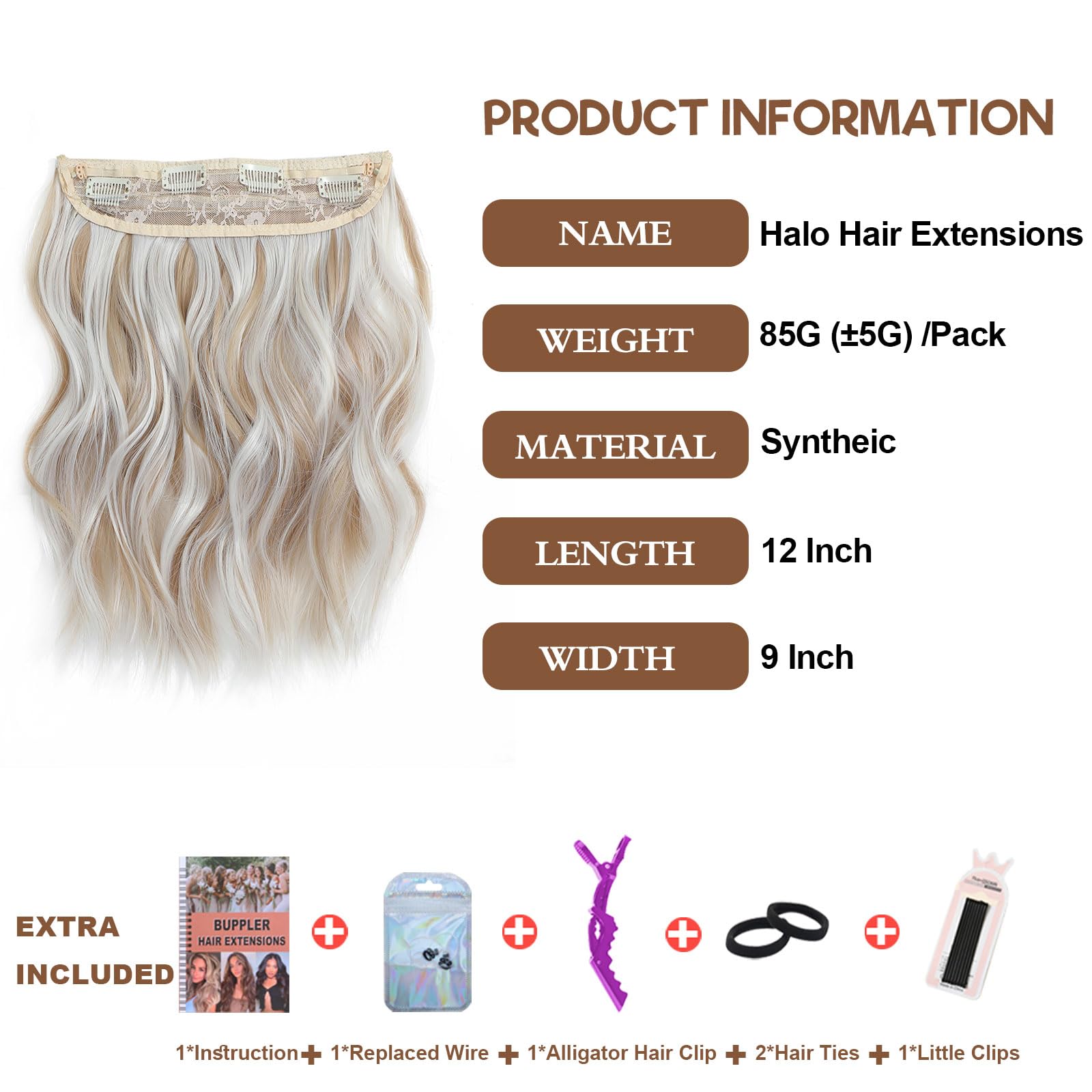 BUPPLER Halo Hair Extensions 12 Inch Invisible Wire Hair Extensions Adjustable Long Wavy Hairpiece Synthetic Upgrade 4 Secure Clips in Hairpieces 12 Inch,Dark Golden Mix Platinum Blonde - Image 2