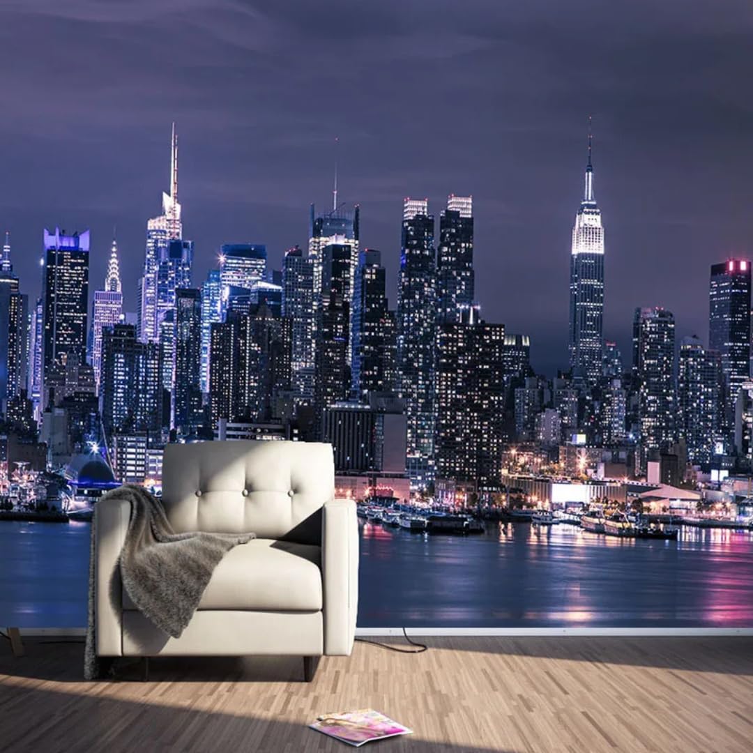 XINRUYI 3D Mural Wallpaper of New York City Architecture at Night Wall Art Stickers for Bedroom and Living Room Decoration