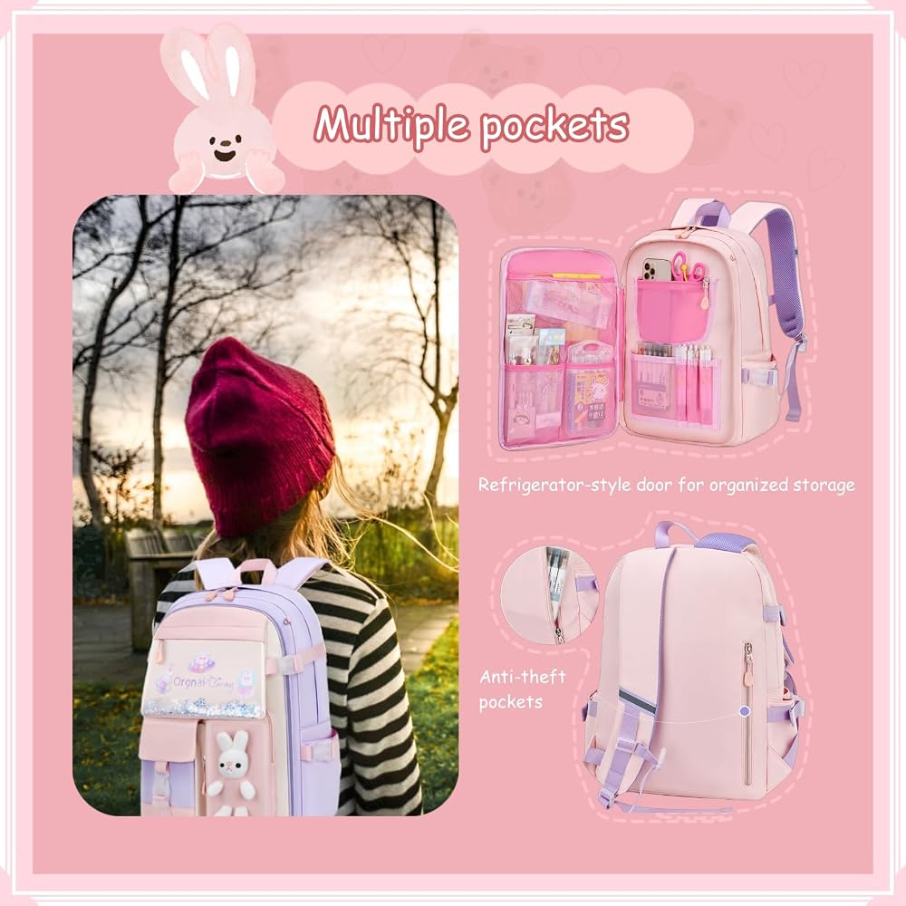 VIDOSCLA Bunny Girls Backpack for School Kawaii Kids Backpack Cute Sequin School Bag for Girls