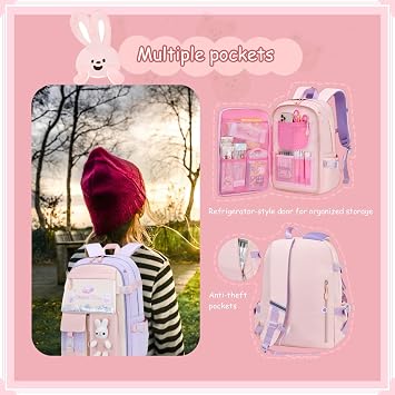 VIDOSCLA 3Pcs Bunny Backpack for Girls Kawaii Kids Backpack Girls Backpack with Lunch Box Set-3Pcs Purple S