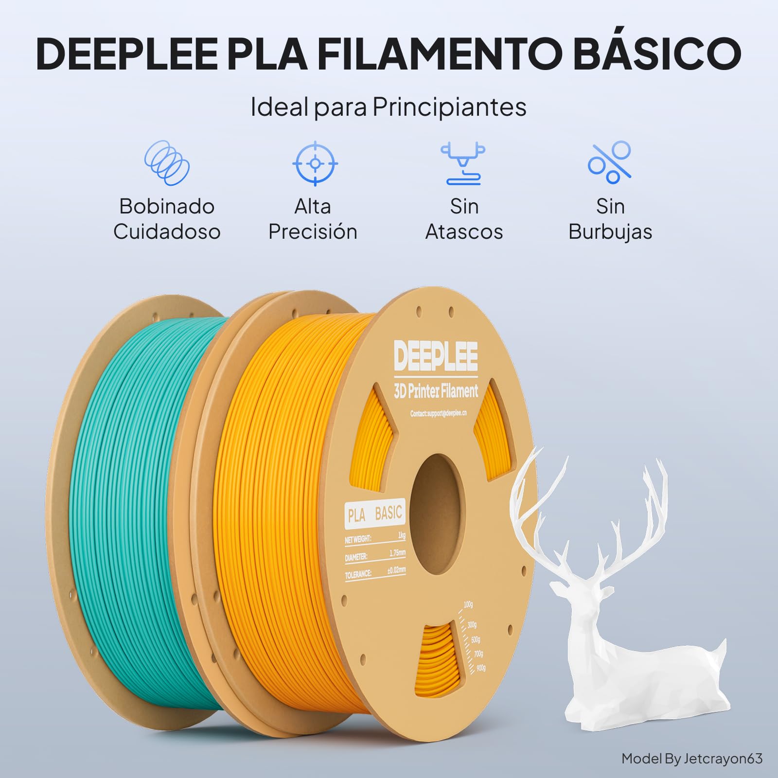 DEEPLEE Filamento PLA Basic 1.75 mm, Pack 4 x 1 kg, 4 colores | Negro, Blanco, Rosa Melocotón y Azul Cielo. Precisión ±0.02 mm, enrollado preciso, fácil de imprimir, compatible con FDM