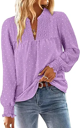 BETTE BOUTIK Women Boho Long Sleeve Shirts Dressy Casual V Neck Fall Fashion Tops Swiss Dot Flowy Blouses