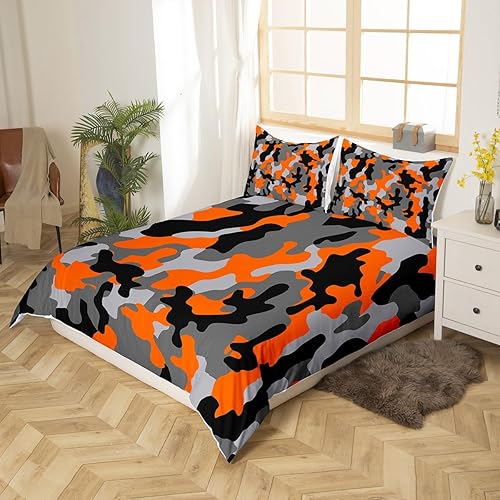 Miniatura 3 de Juego de ropa de cama de camuflaje para niños, funda de edredón de camuflaje militar, para niñas, naranja, negro, gris, funda de edredón para