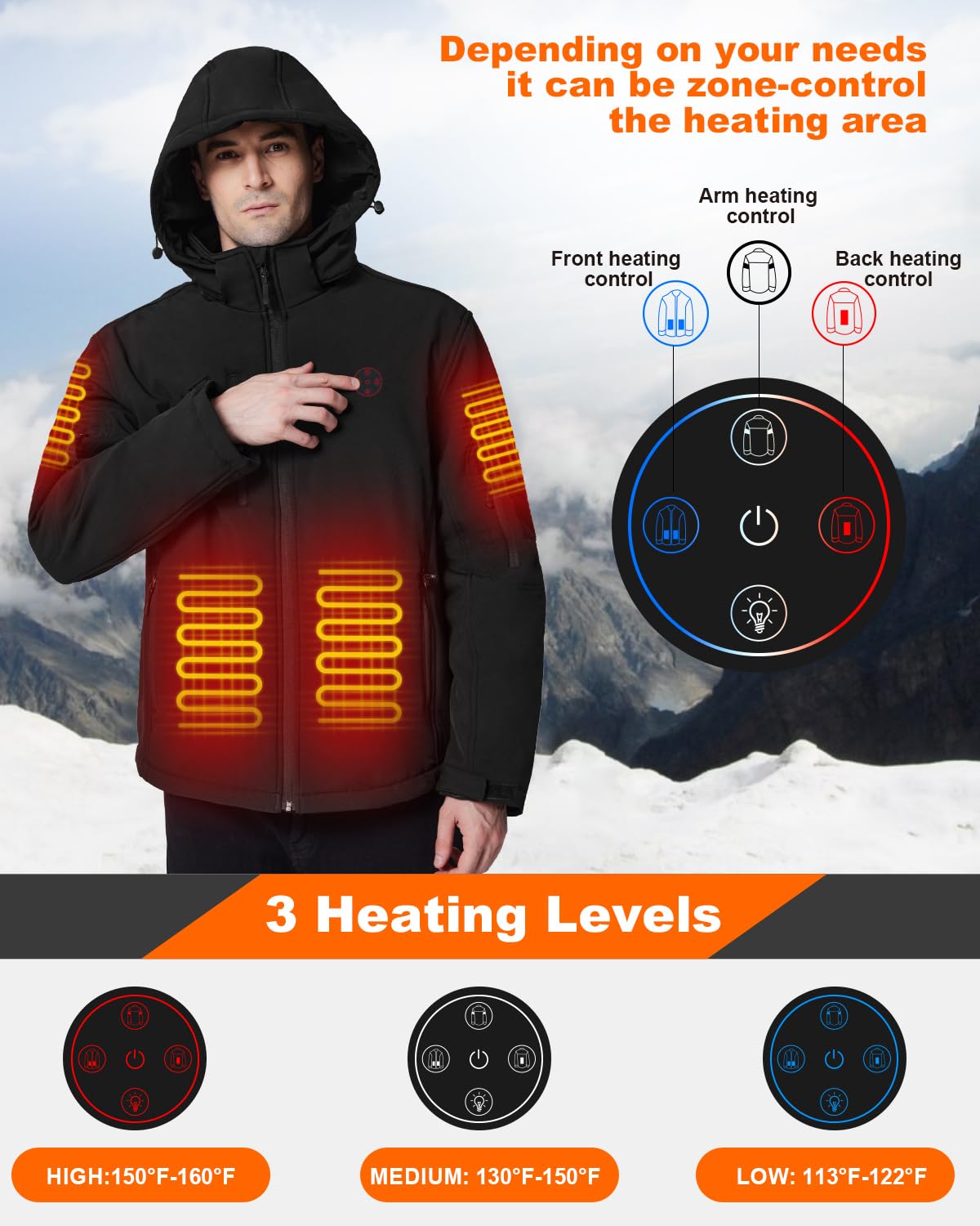 Veste Chauffante Homme, Doudoune Chauffante Électrique Batterie 7.4V 12000mAh, Imperméable Veste Chauffante avec Capuche Amovible pour la Pêche Extérieur Ski