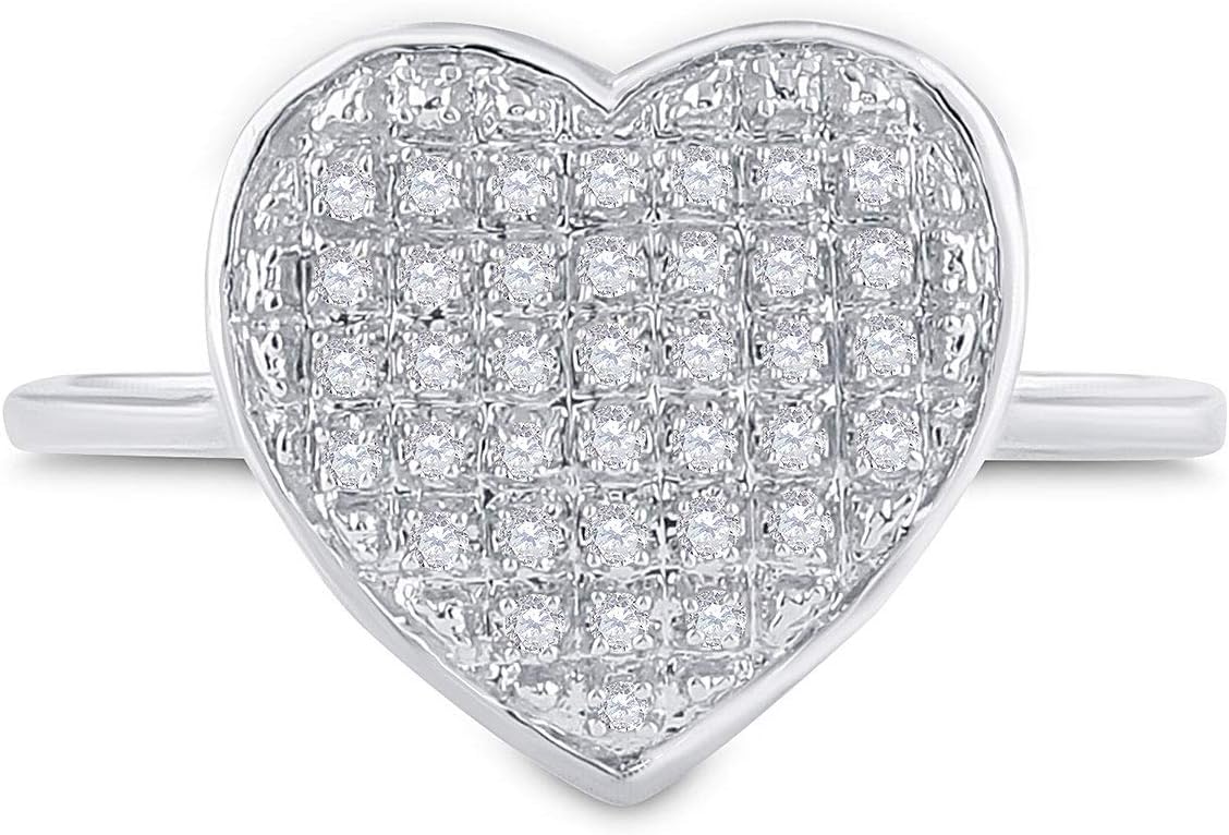 Solid 925 Sterling Silver Real Natural Diamond Heart Anniversary Ring for Women 1/10 Carat (.10 Cttw)