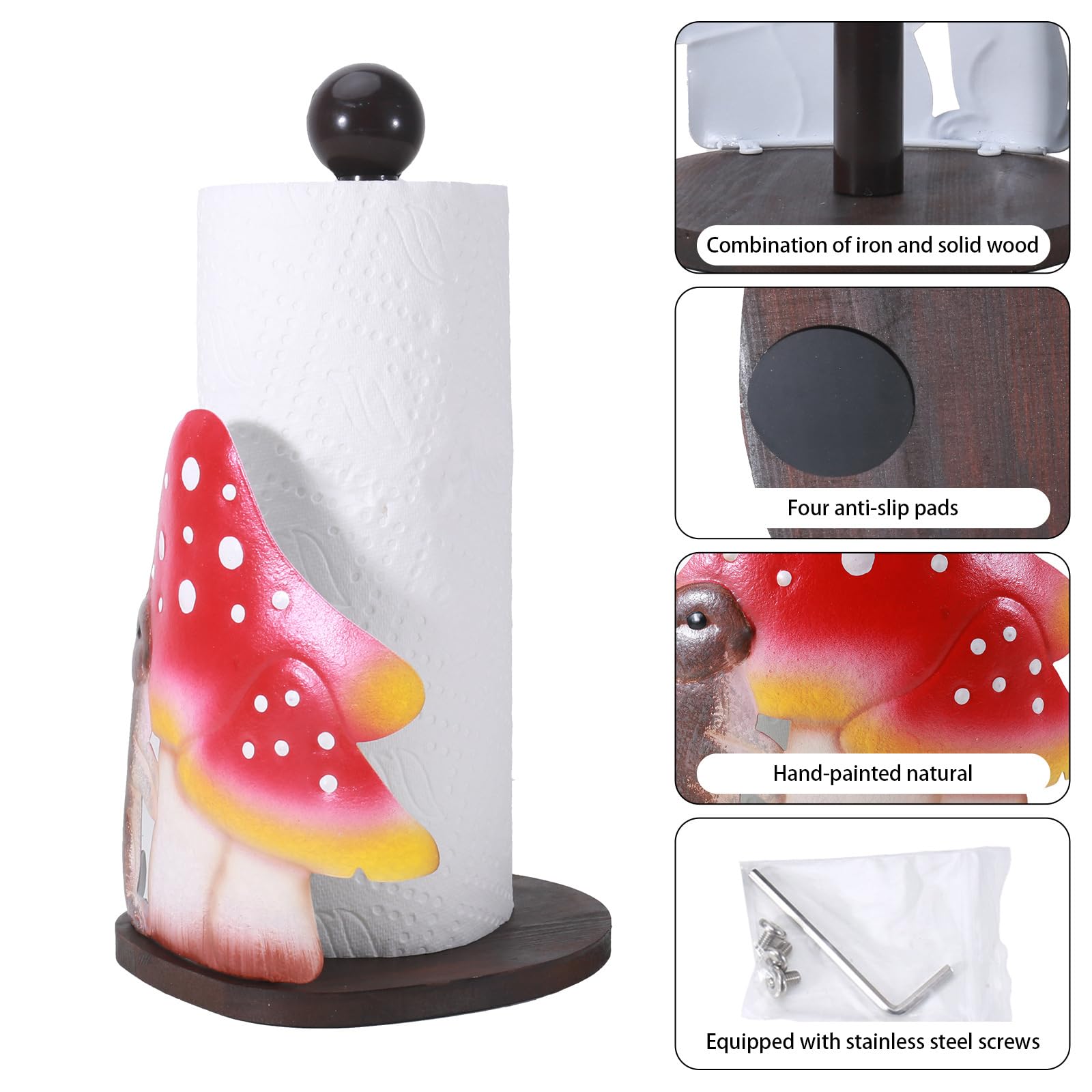 Dispensador único de toallas de papel con diseño de conejos y hongos, marco de madera de hierro antideslizante para baño o cocina, soporte para toallas de papel
