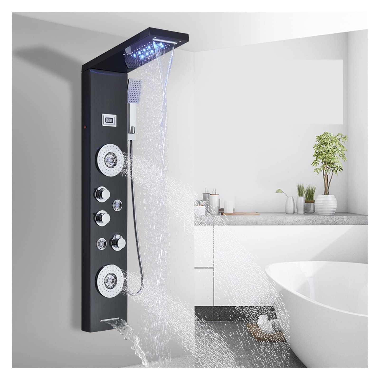 Pannello doccia a LED nero Set di rubinetti for doccia a pioggia a cascata Set di rubinetti for doccia a getto for massaggio SPA Colonna for doccia con display della temperatura Miscelatore Torre(Gold