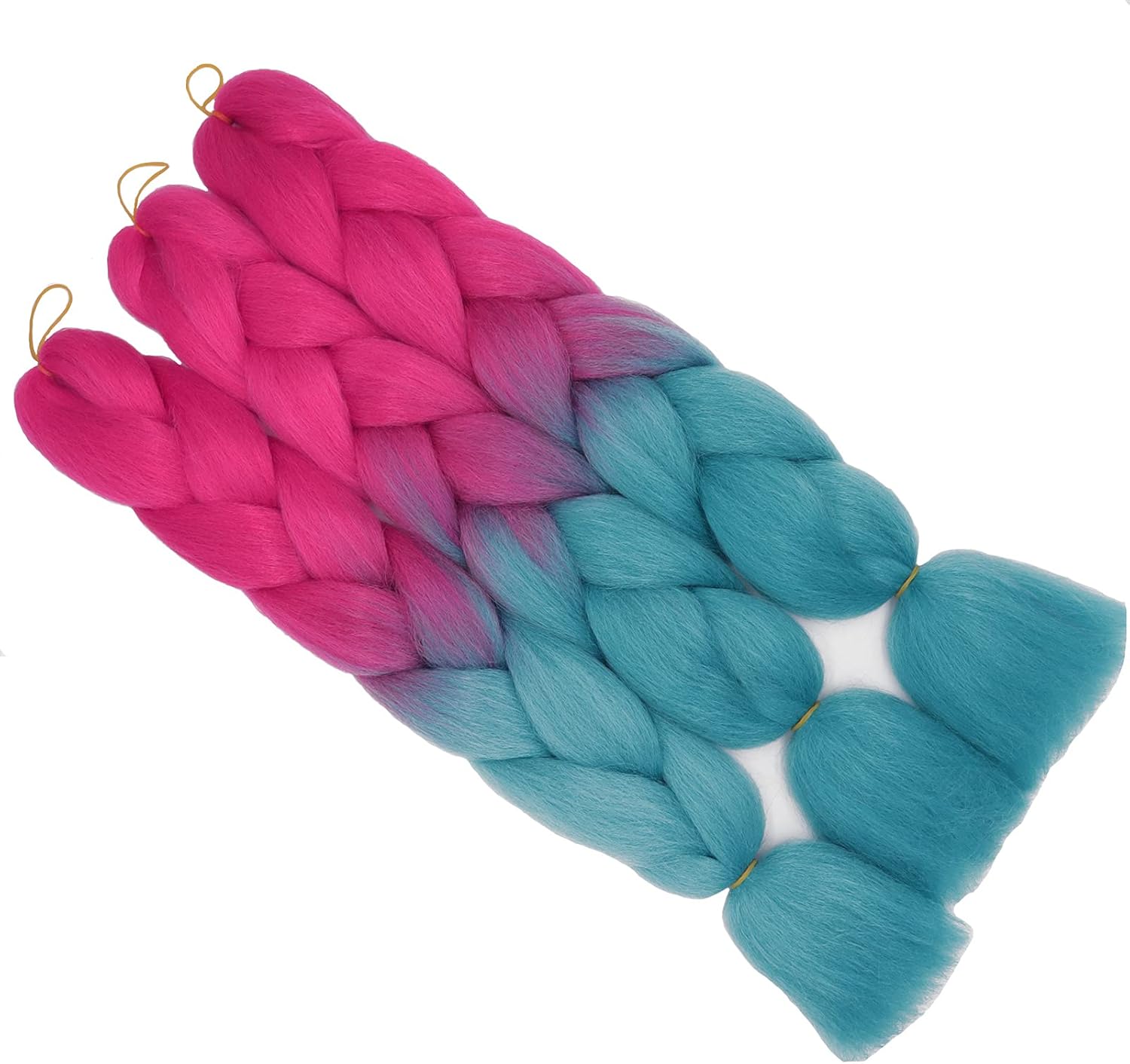 24" Braiding Hair Extension Jumbo Braids Synthetic 3bundles/pack Crochet Hair Afro Box Braid Heat Resistent (Rose Red&Lake Blue) - Image 4