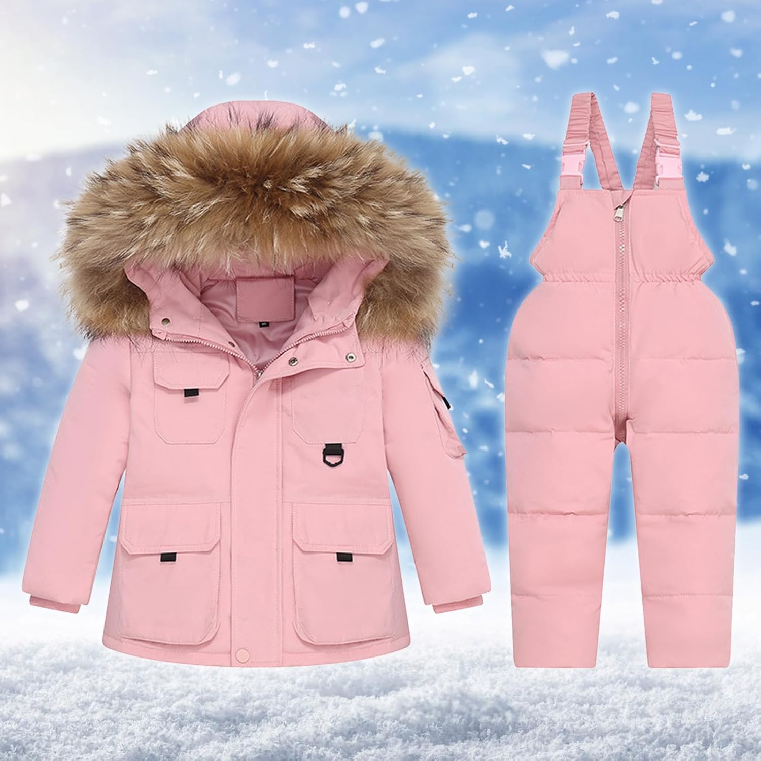 2 Piece Snowsuit for Kids Warm Winter Waterproof Hooded Jacket and Skibib Overalls Boys Girls Windproof Ski Sets 1-6Y