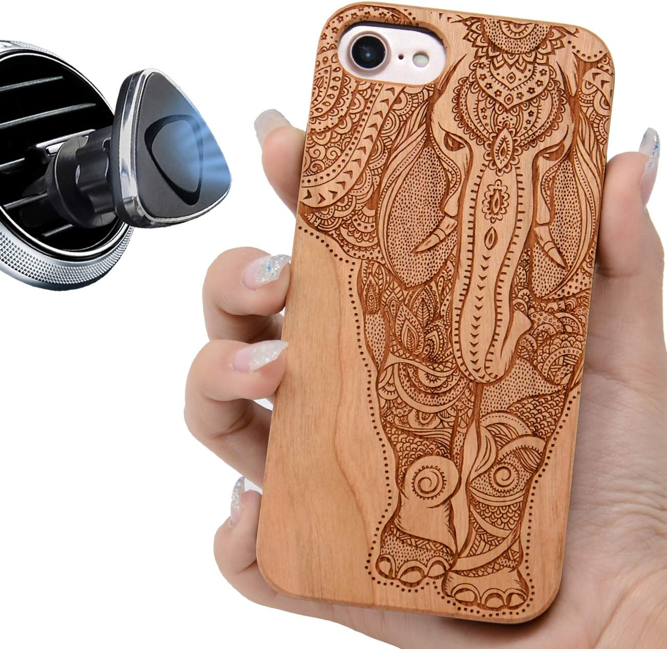 iProductsUS Elephant Phone Case Compatible with iPhone 8 PLUS, 7 PLUS, 6Plus, 6sPlus and Magnetic Mount-Wood Cases Engraved Unique Elephant Built in Metal Plate,TPU Protective Shockproof Covers (5.5")