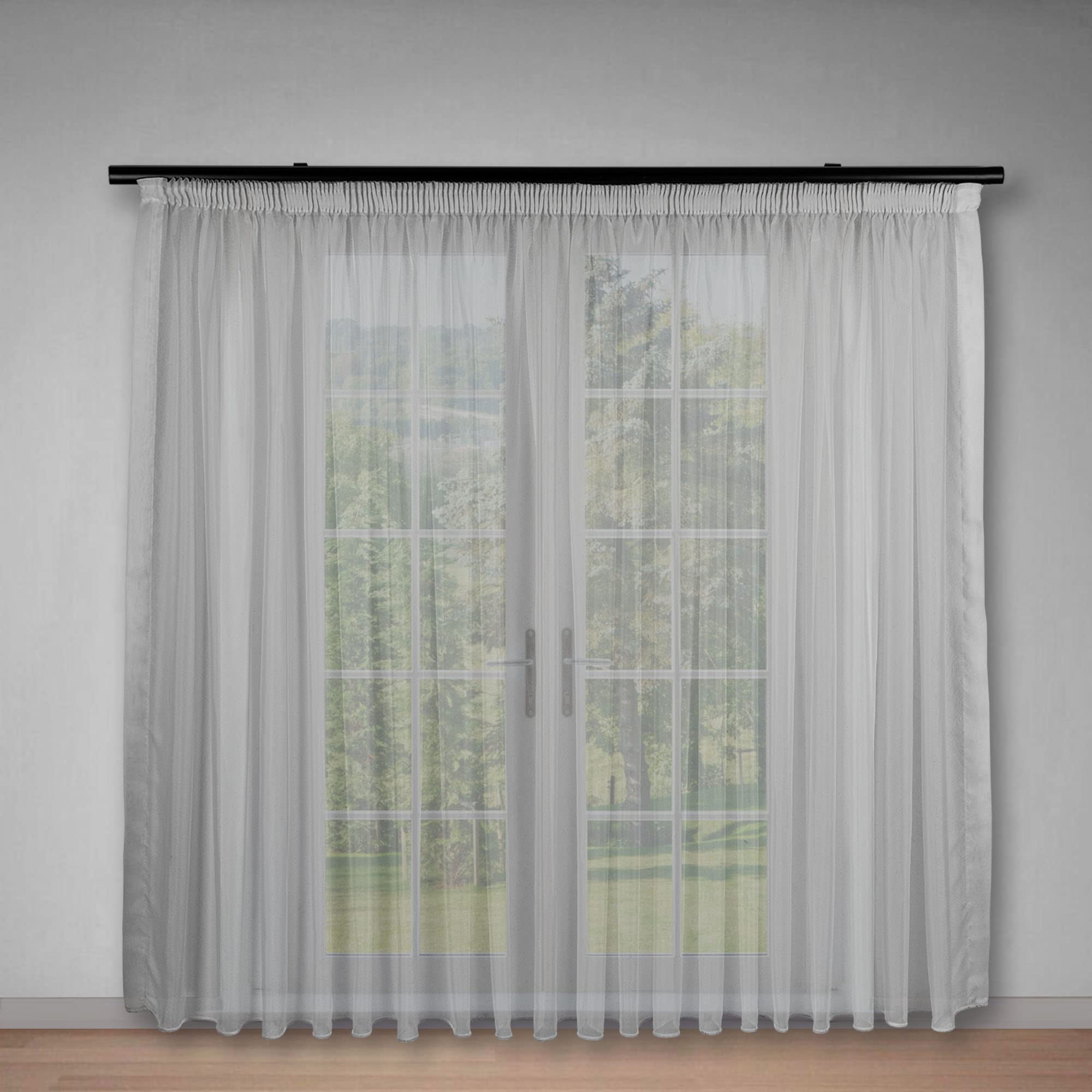 Rideau en voile lisse blanc semi-transparent avec bande plissée et poids au plomb pour une décoration de fenêtre élégante et fonctionnelle, rideaux avec galon fronceur, ruban de plomb, transparent