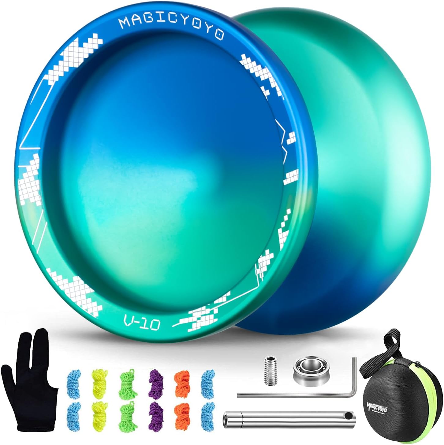 MAGICYOYO V10 Finger Spin Yoyo Professional Metal Trick Yoyo Responsive & Unresponsive Dual Purpose Yo Yo with Storage Case + Yo Yo Glove +12 Strings(Blue Green)