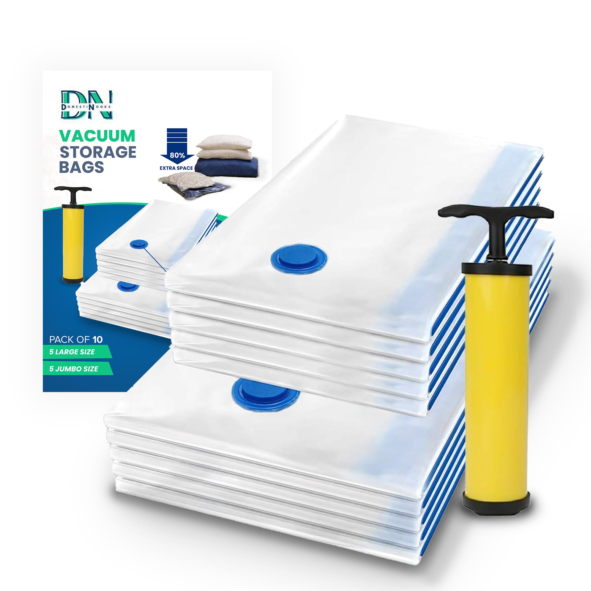 Vacuum Storage Bags - Pack of 10 (5 Jumbo + 5 Large) with Hand Pump, Reusable Space Saver for Clothes, Duvets, Pillows, Blankets, and Curtains