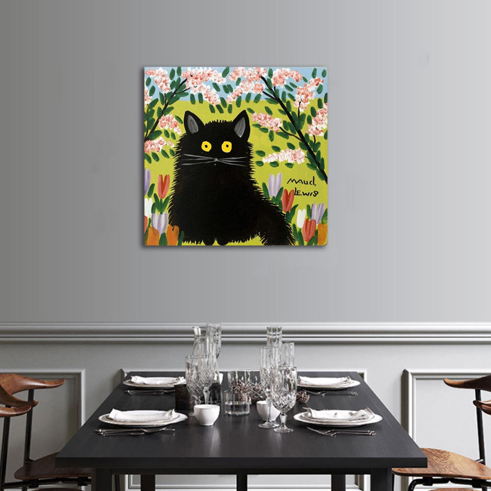 HEIMAO Berühmte Leinwandmalerei. Maudie Lewis Leinwandbilder. Weiße Katze Tier Bild Ölgemälde Reproduktion für Wohnzimmer Wohnkultur
