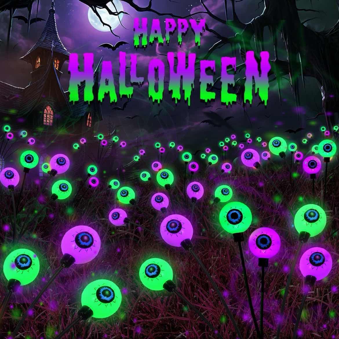 6 Pack Halloween Decorations Outdoor Solar Eyeball Lights Purple and Green Scary Eyeball Swaying Firefly Lights with 2