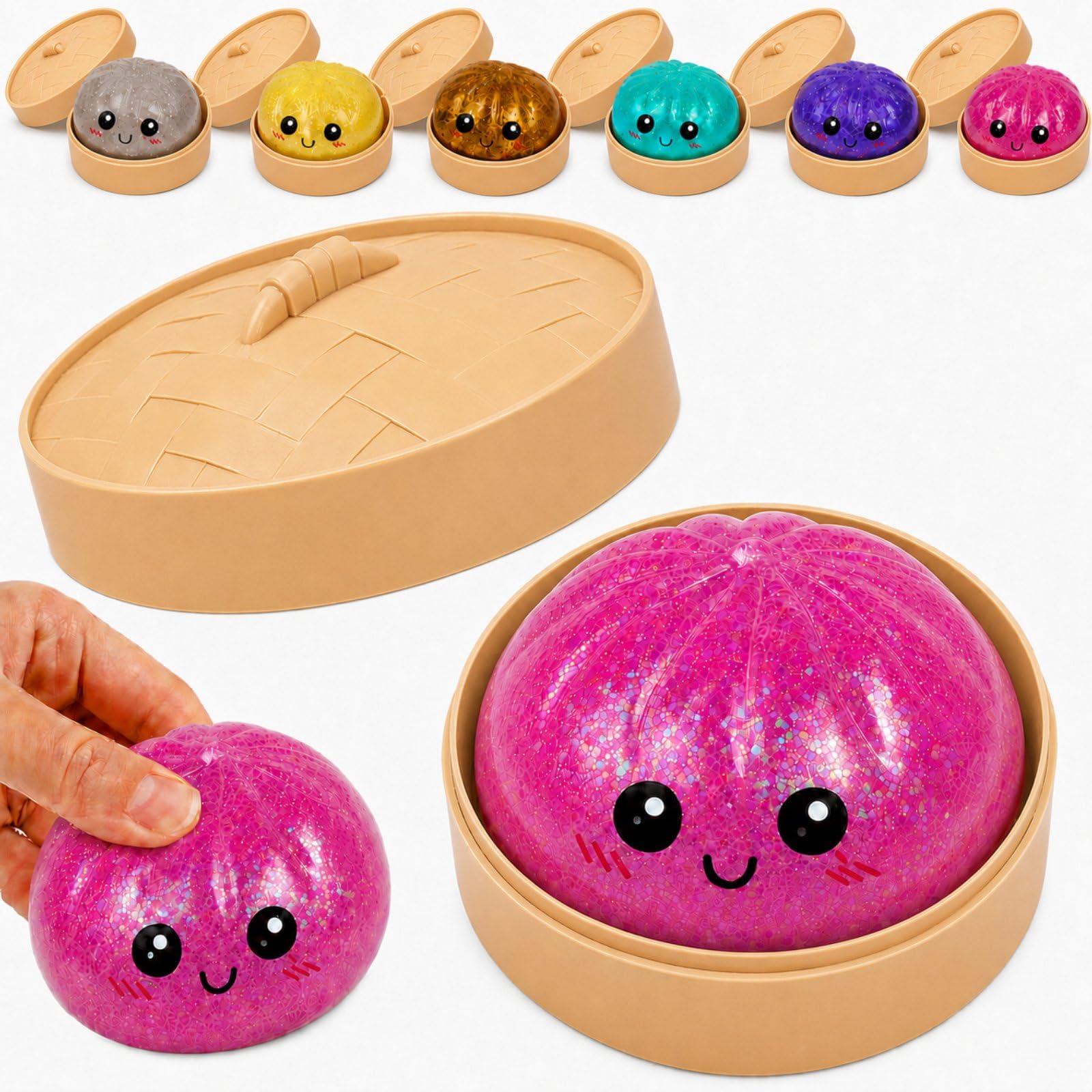 Glitter Dumpling Soft Squeeze Sensory Ornament, Slow Rising Dumpling Squishy for Stress Relief, with Mini Steamer Basket,Sparkling Novelty GIF(pink)