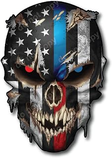 Decals by Haley Ripped Skull US Flag with Thin Blue and Red Line Honoring Police and Firefighters Fire Fighter Department Fireman Firewoman Law Enforcement Vinyl Stickers Trucks Motorcycle Decal Bike