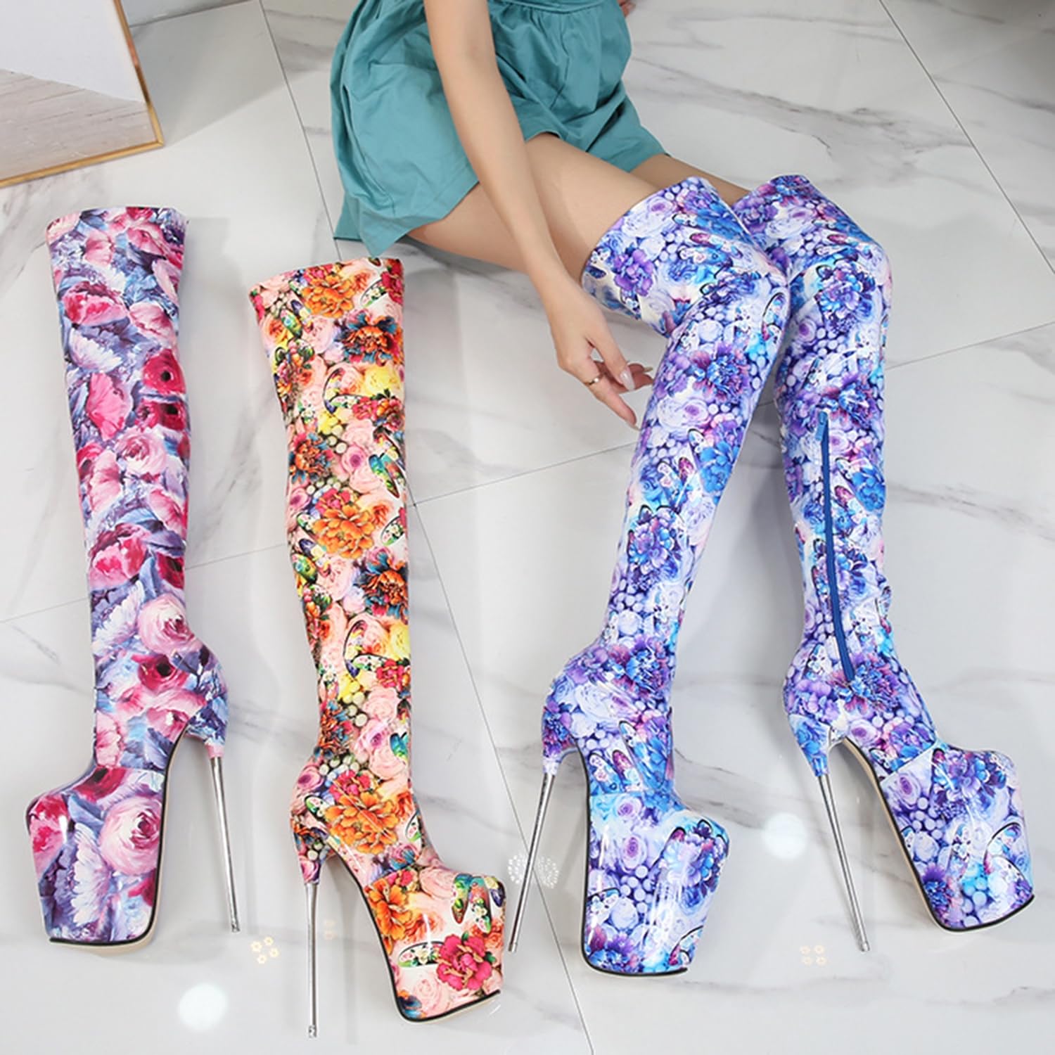 WOilERQ Damen Overknee-Stiefel, Plateau-Stiletto-Absatz-Stiefeletten mit Reißverschluss, Ethno-Print, High Heels, sexy Fetisch-Pole-Dance-Stripper, Unisex-Schuhe