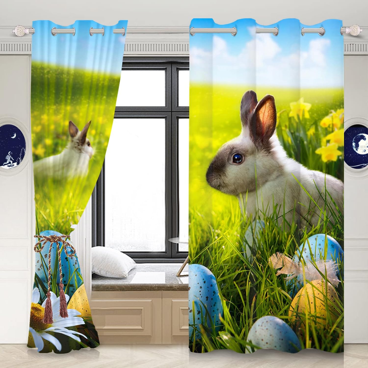 Yeele 53x85inches Spring Garden Window Curtains Easter Eggs Rabbits Thermal Insulated Printed Curtain for Kids Adult Bedroom Living Room Decor Waterproof Polyester Blackout Drapes 2 Panels,Green