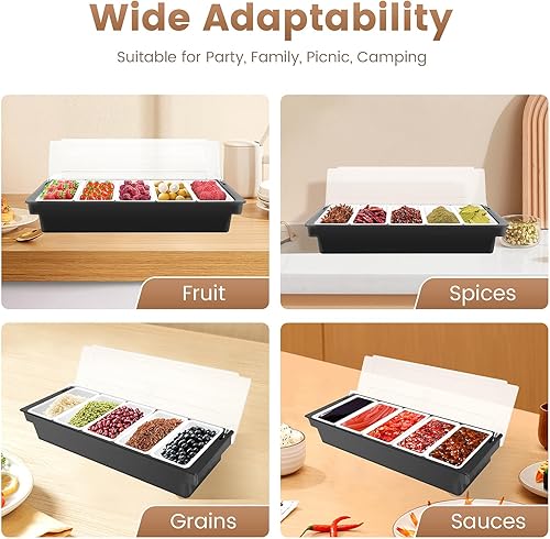 Miniatura 8 de Dispensador de condimentos de 5 compartimentos, bandeja de comida refrigerada, barra de ensalada, plástico transparente, fácil de limpiar, adecuado