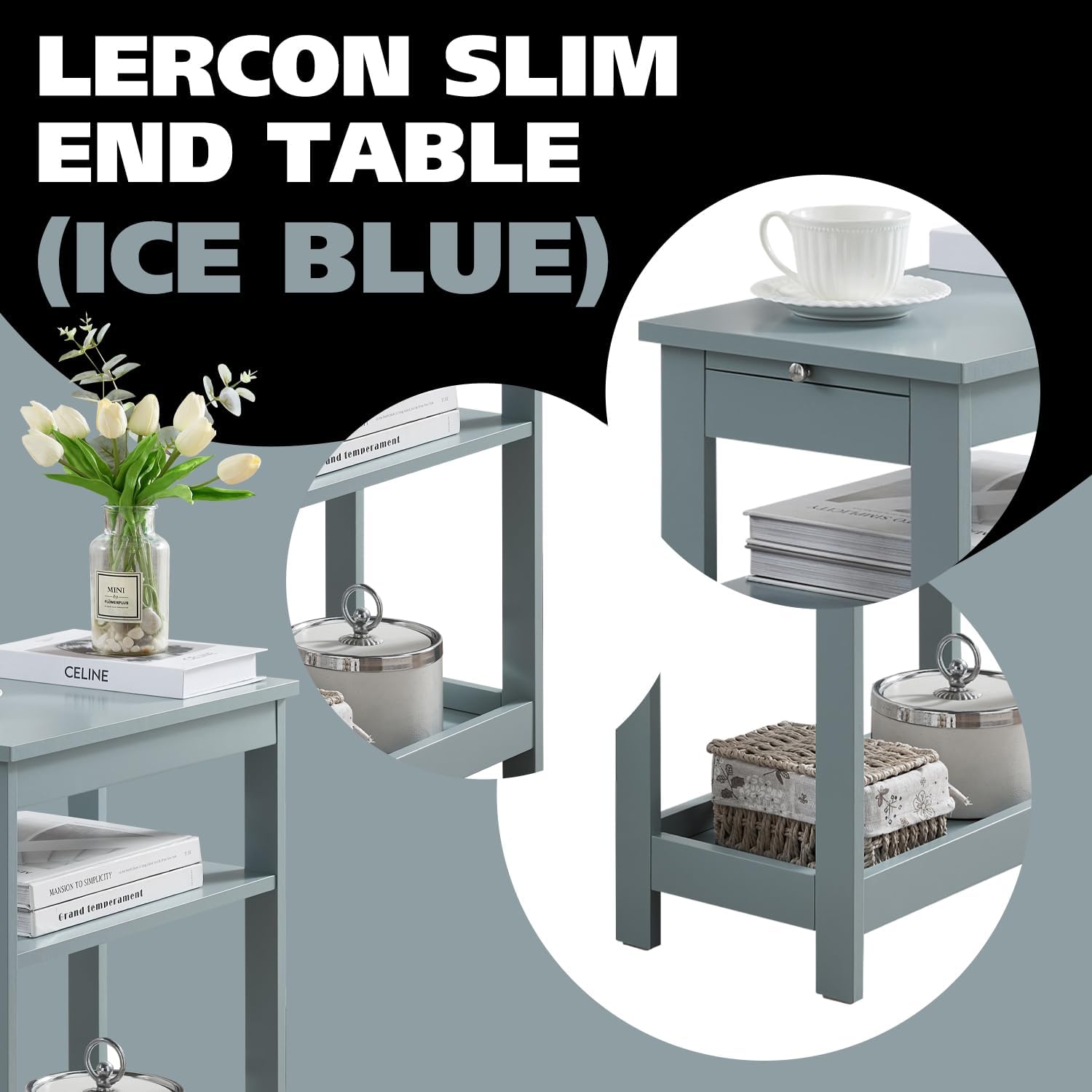 Kings Brand Furniture - Slim Wood Side End Table with Storage Shelves & Pull-Out Tray, Nightstand for Bedroom, Living Room, Ice Blue