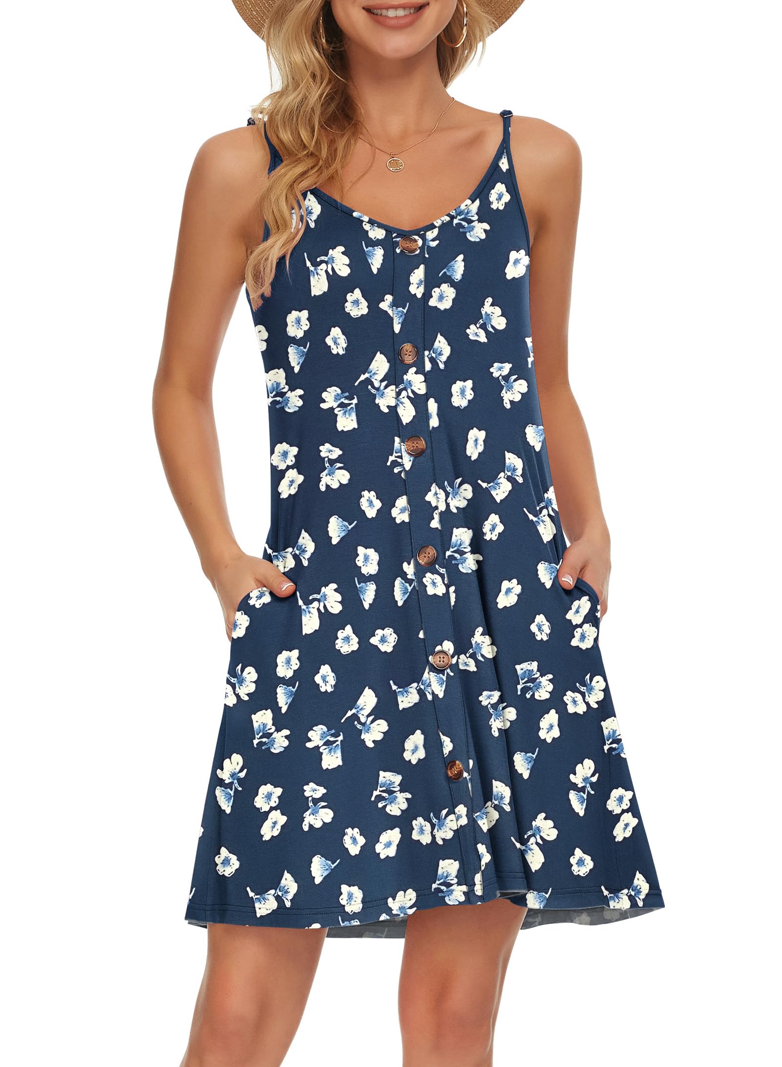 WNEEDU Women's Summer Spaghetti Strap Button Down V Neck Casual Beach Cover Up Dress with Pockets