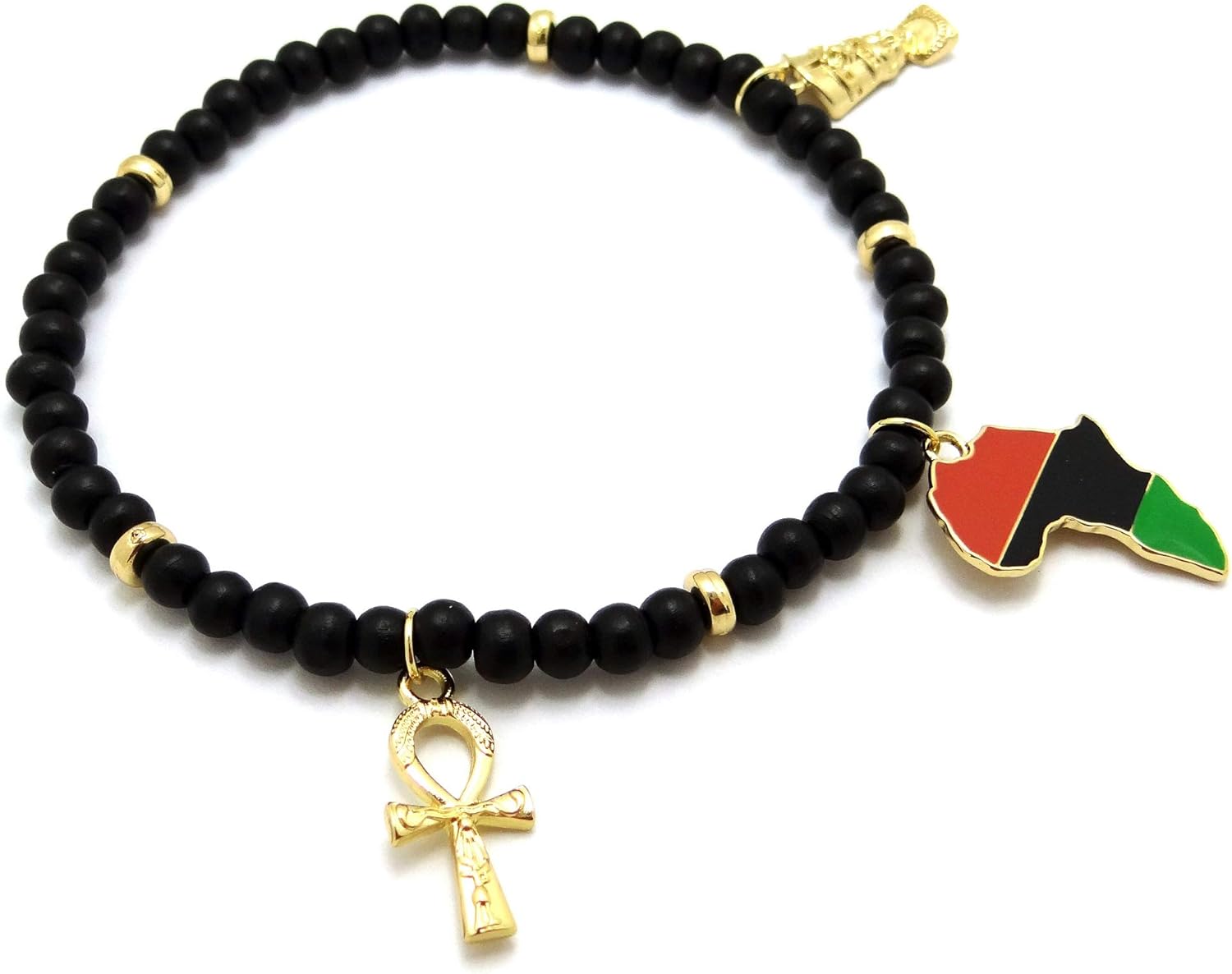 CBC Crown Womens Egyptian Symbols Queen Nefertiti Ankh African Map Charm 6 mm 10" to 12" Stretch Wooden Bead Anklet Ankle Bracelet Gold Tone.