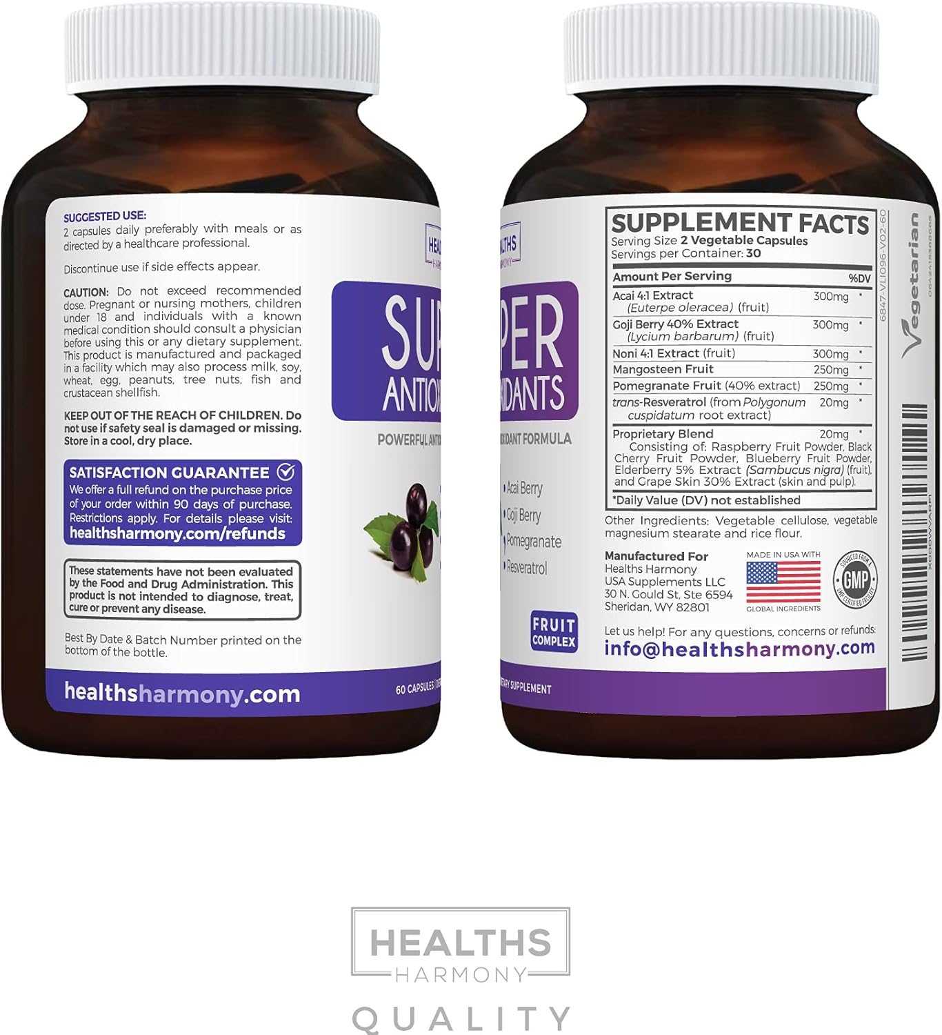 Super Antioxidant Supplement - Powerful Super Food Antioxidants Blend - Acai Berry, Goji Berry, Pomegranate & Trans Resveratrol - Natural Herbal, Fruit Formula - Skin Care - 60 Capsules : Health & Household