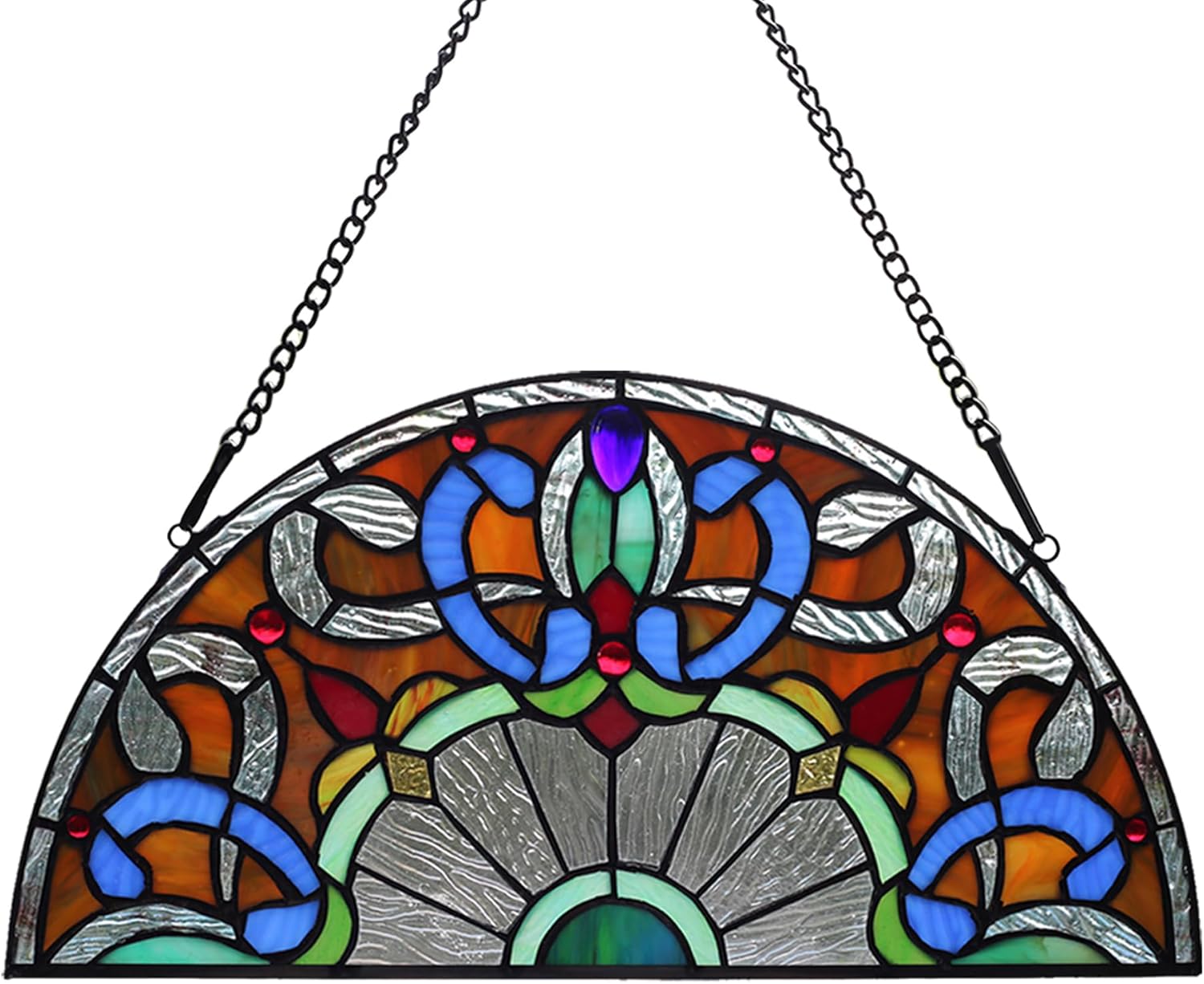 YOURANJU Half Moon Stained Glass Window Hanging Tiffany Style 16" x 8" Half-Round Window Panel Housewarming Gift Living Room Bedroom Kitchen Window Decorative Hangings with Chain (Baroque)