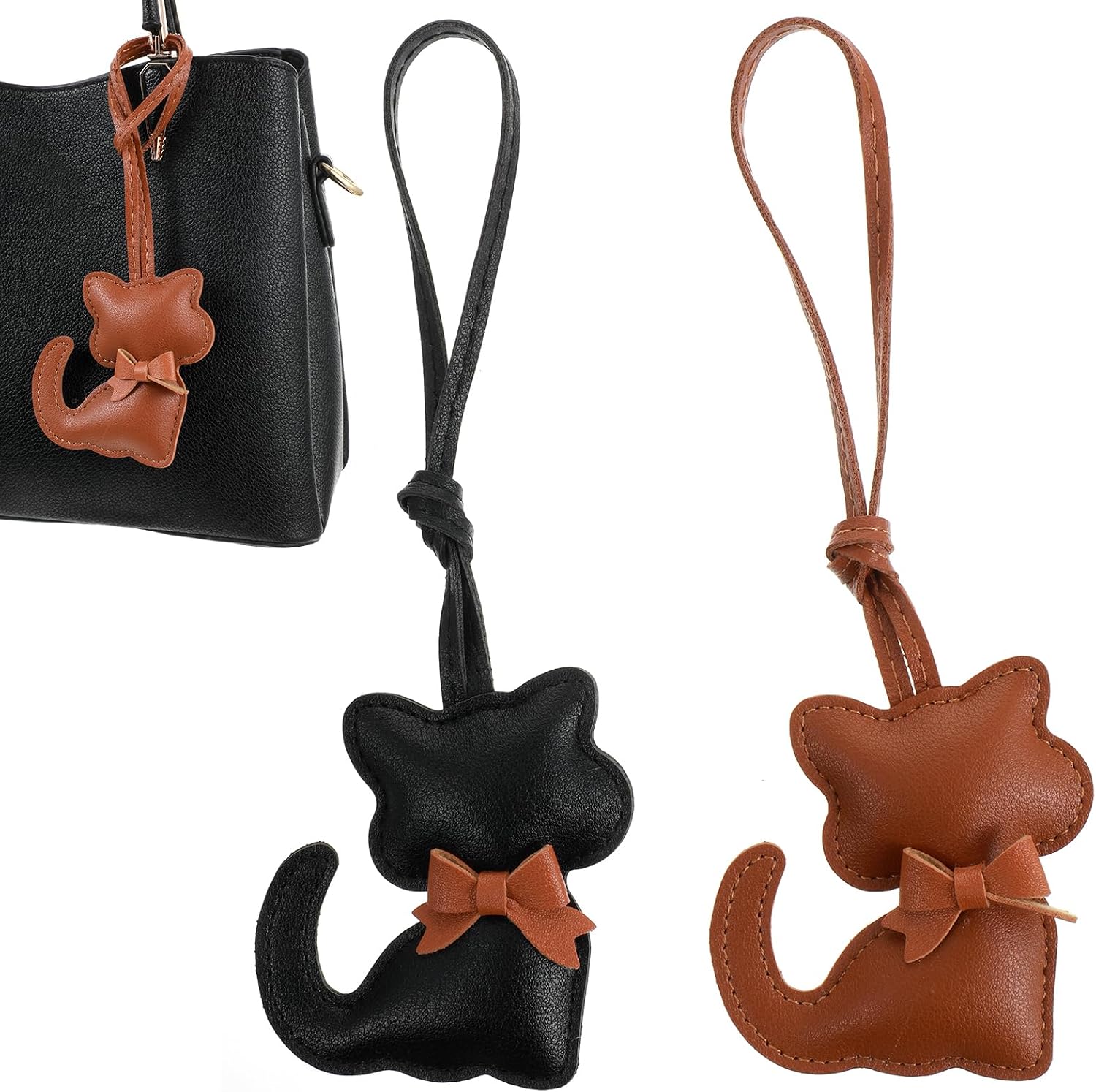 2Pcs Cat-Shaped Bag Charms Keychains Leather Cartoon Kitten Designs Backpack Decorations Supplies Stylish Women's Accessories for Handbags & Backpacks