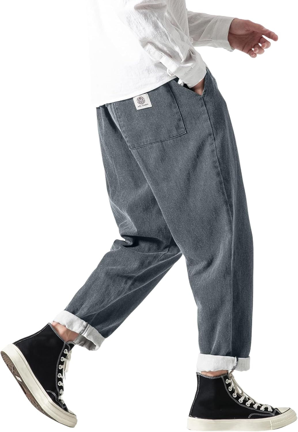 Mens Elastic Waist Drawstring Jeans Casual Regular Fit Distressed Jeans | Tapered Leg Stretchy Japanese Pants Loose Fit Denim Trousers Cotton Blend Relaxed Fit Streetwear Joggers