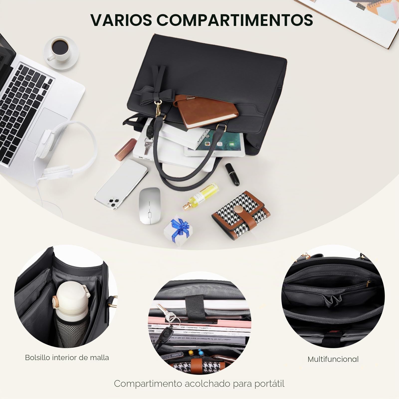 RAINSMORE Bolso Grande Mujer Cuero PU Shopper Impermeable Portatil Ordenador 15.6 Pulgadas Tote 2 Piezas para Universidad Oficina Trabajo Negro
