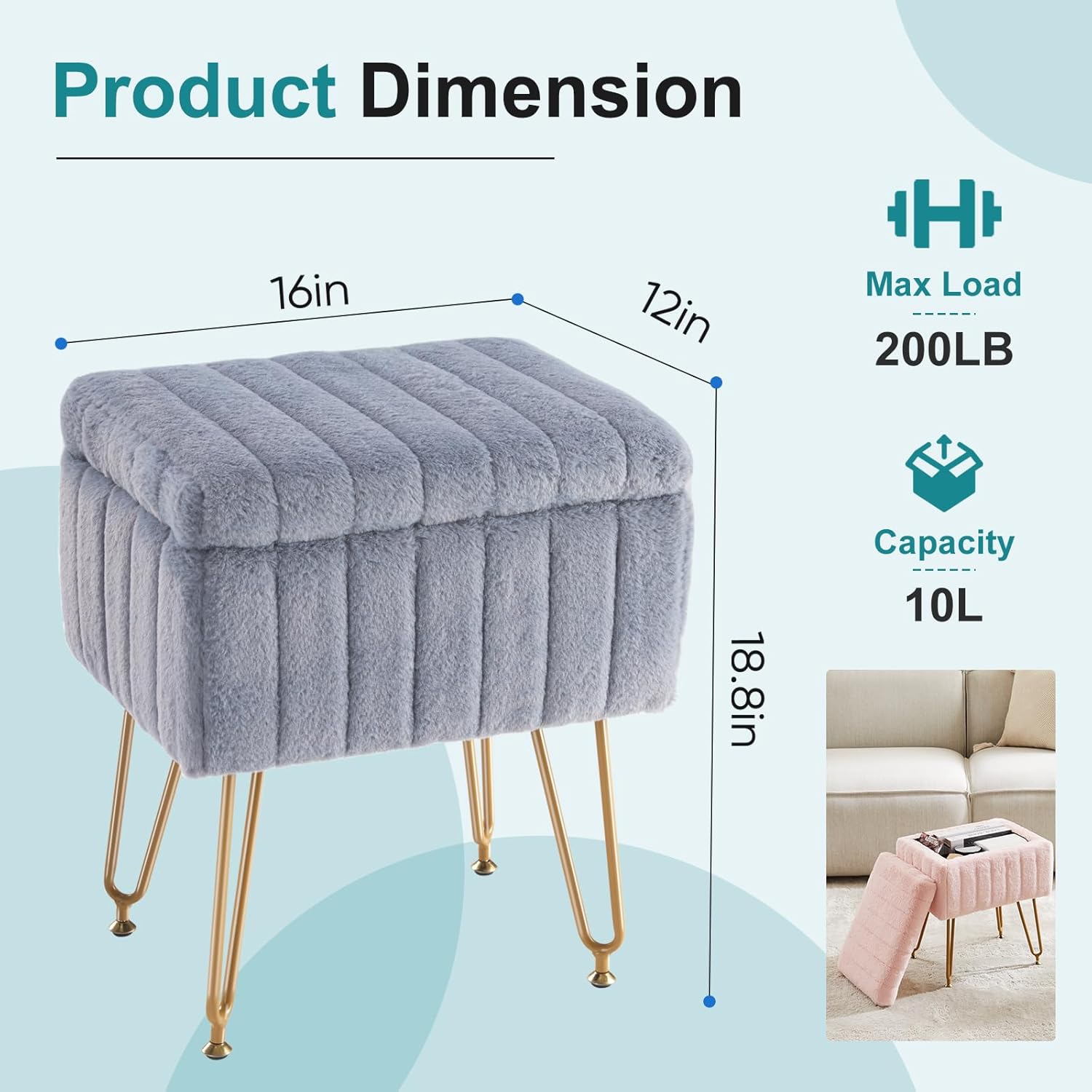 DUMOS Vanity Storage Ottoman Stool, Compact Faux Fur Footstool with Soft Seat, Modern Cute with 4 Metal Legs & Adjustable Feet for Bedroom, Living Room, Dressing Area & Dorm Grey