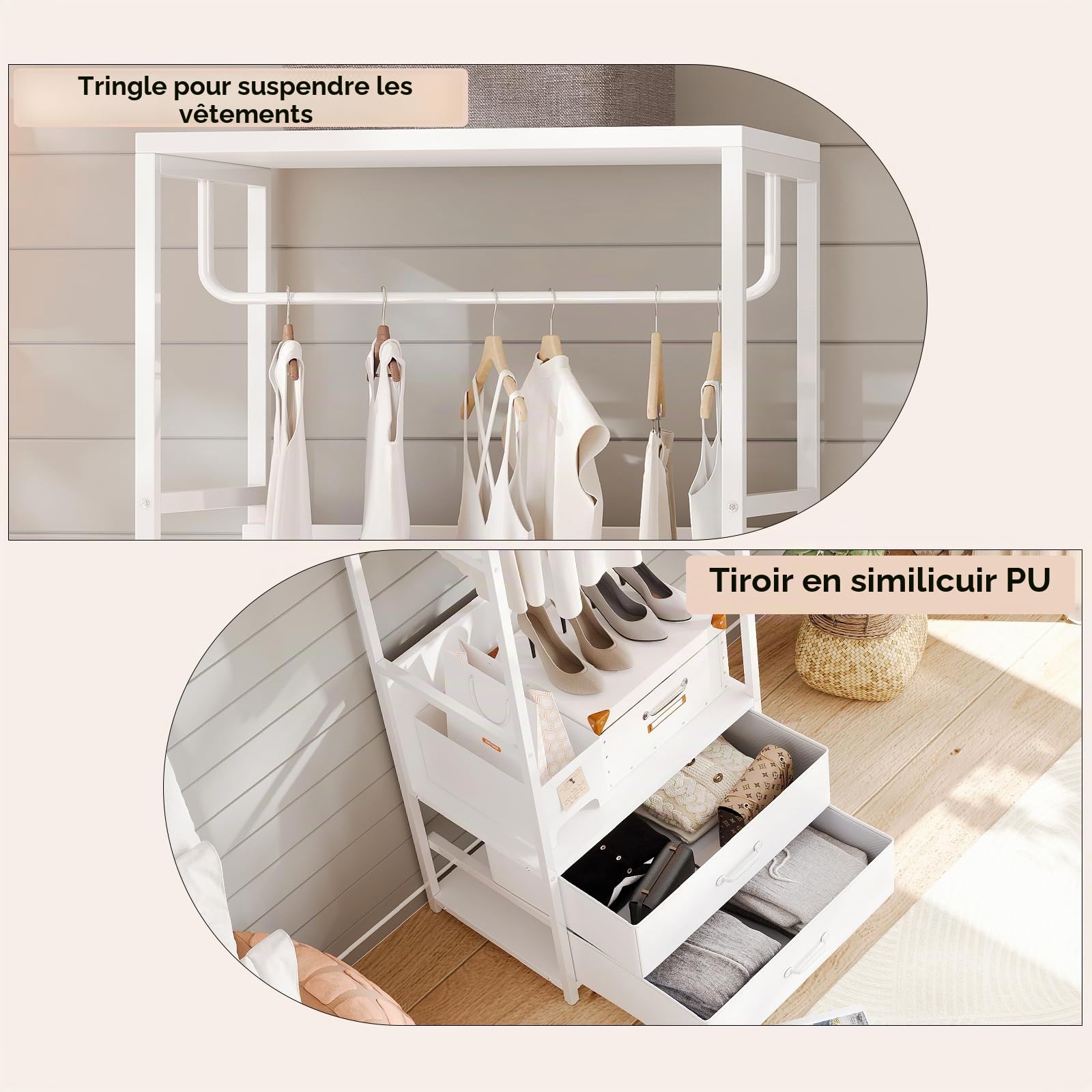 VOWNER Porte Manteau Meuble Entrée Portant Vetement 2 Tiroirs 4-en-1 | Cadre en acier avec tringle et étagères, 60 x 40 x 180 cm pour couloir, chambre