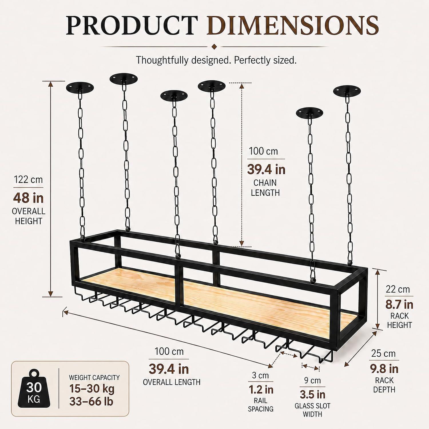 Ceiling Wine Glass Rack with Glass Holder, 39.3in Metal Hanging Bar Shelf image 2