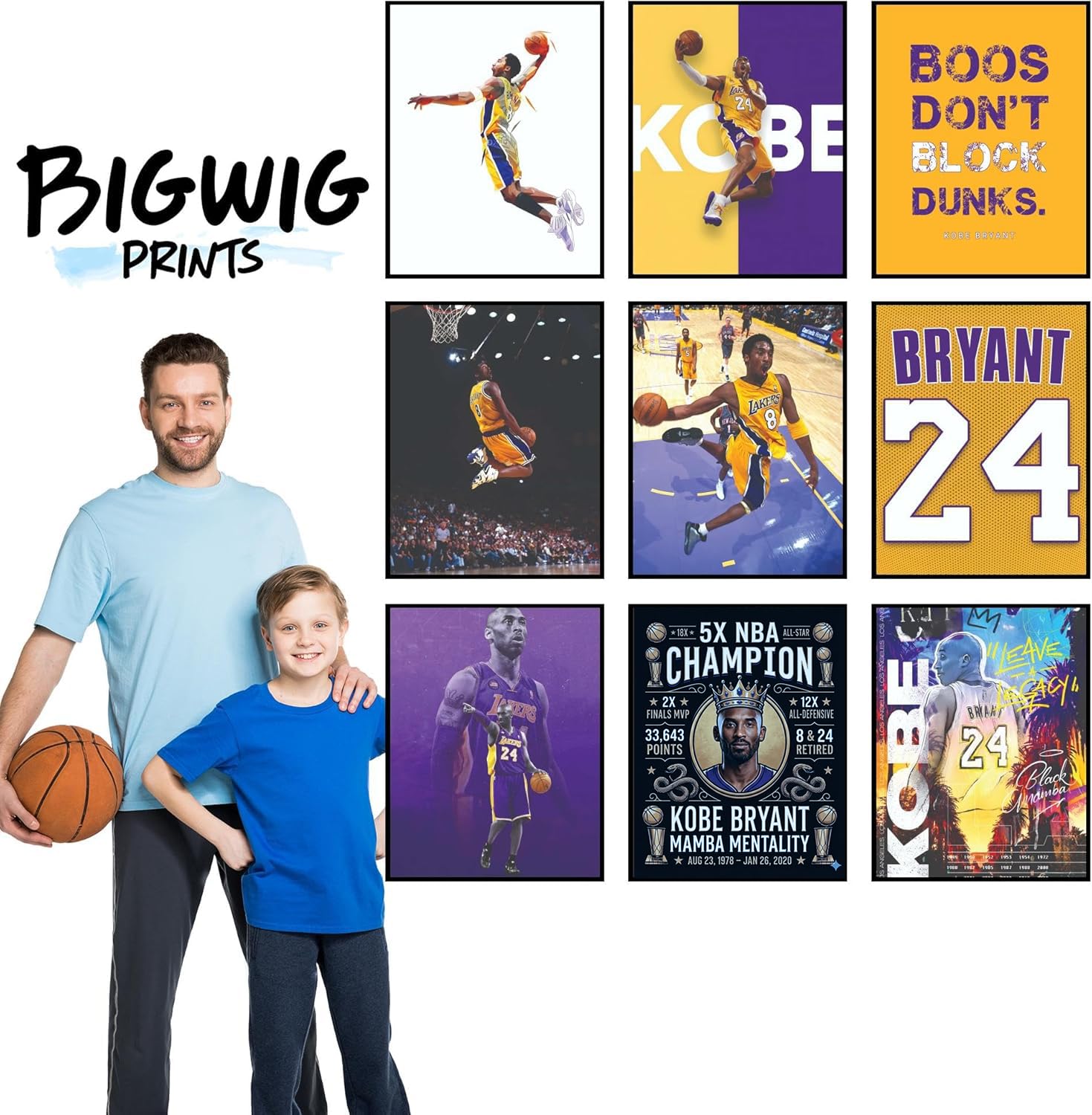 BigWig Prints Kobe Bryant Poster - Kobe Poster, Bryant Wall Art For Bedroom, Lakers Basketball Art For Boys Room Decor, Sports Gifts, Legendary Basketball Player Wall Decor - Unframed Set Of 9 (8x10)